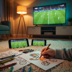 Football Summer 2026 — kids' match-day activity book: a child colouring a football mascot on the living-room rug during the watch party