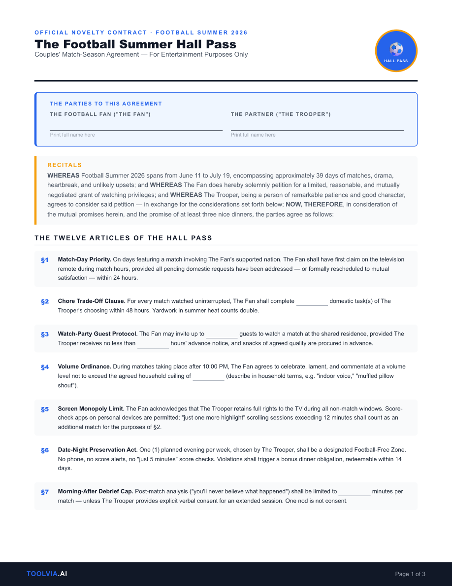 Inside the Hall Pass — the fillable contract page with 12 negotiable clauses and signature lines