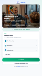 Football Pub Quiz Host — setup screen for adding teams before the quiz night
